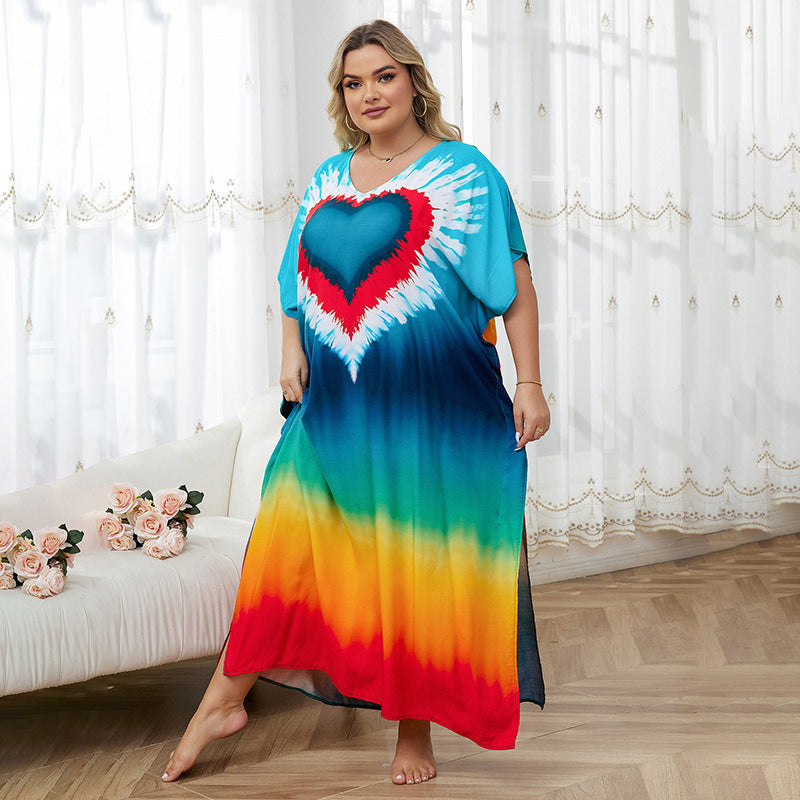 Rayon Positioning Print Holiday Loose Robe Beach Jacket Dress Bikini Cover up Blouse