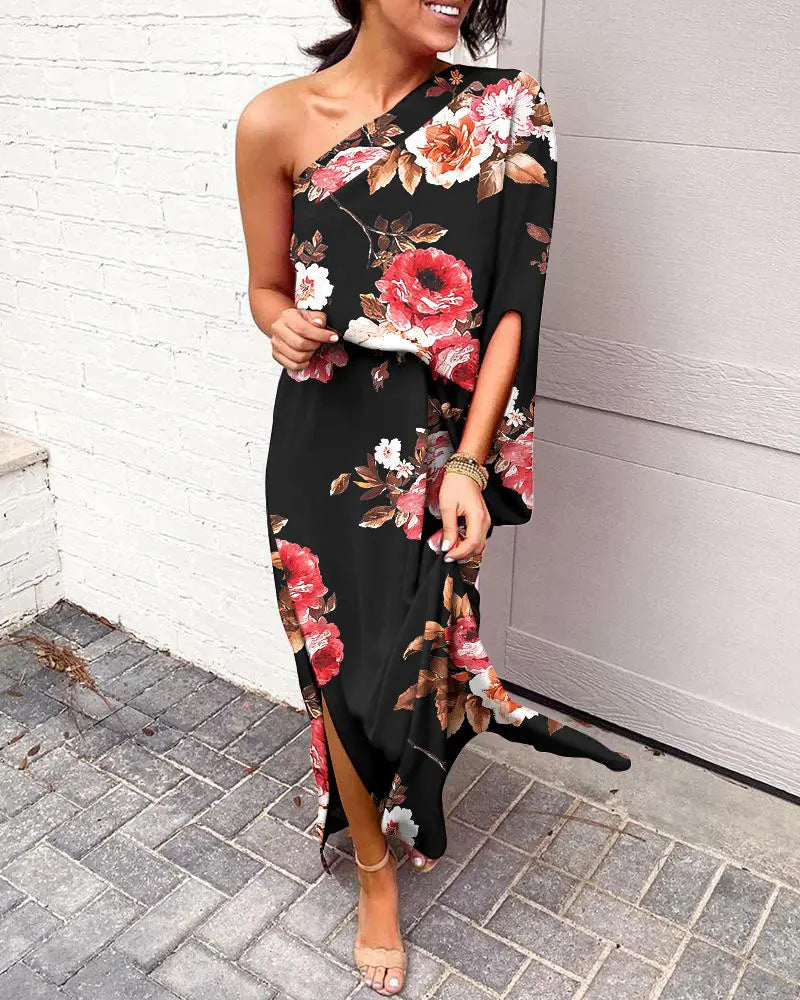 Women Clothing Dress Sexy Oblique Shoulder Elegant Single Side Sleeve Dress for Women