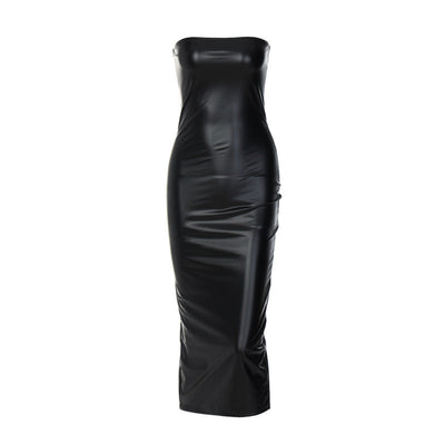 Women Clothing Autumn Sleeveless Tube Top Sexy Slimming Slit Mid Length Sheath Dress Women