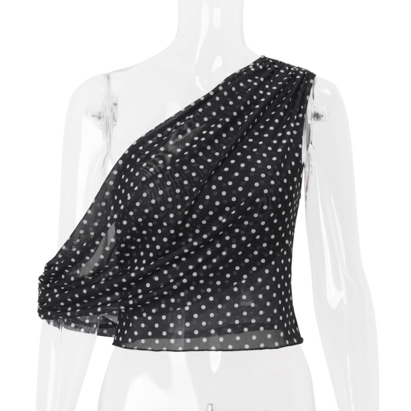 Women Clothing Summer Sexy Diagonal Collar Polka Dot Chiffon See through Irregular Asymmetric Top Women