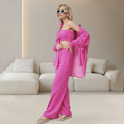 Autumn Blue Color Leopard Print Pajamas Tube Top Cardigan Long Sleeve Pants Women Homewear