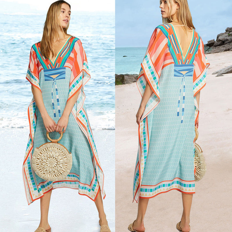 Chiffon Front Back V-neck Positioning Printed Beach Dress Loose Plus Size Vacation Blouse Robe for Women