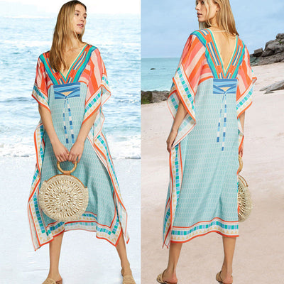 Chiffon Front Back V-neck Positioning Printed Beach Dress Loose Plus Size Vacation Blouse Robe for Women