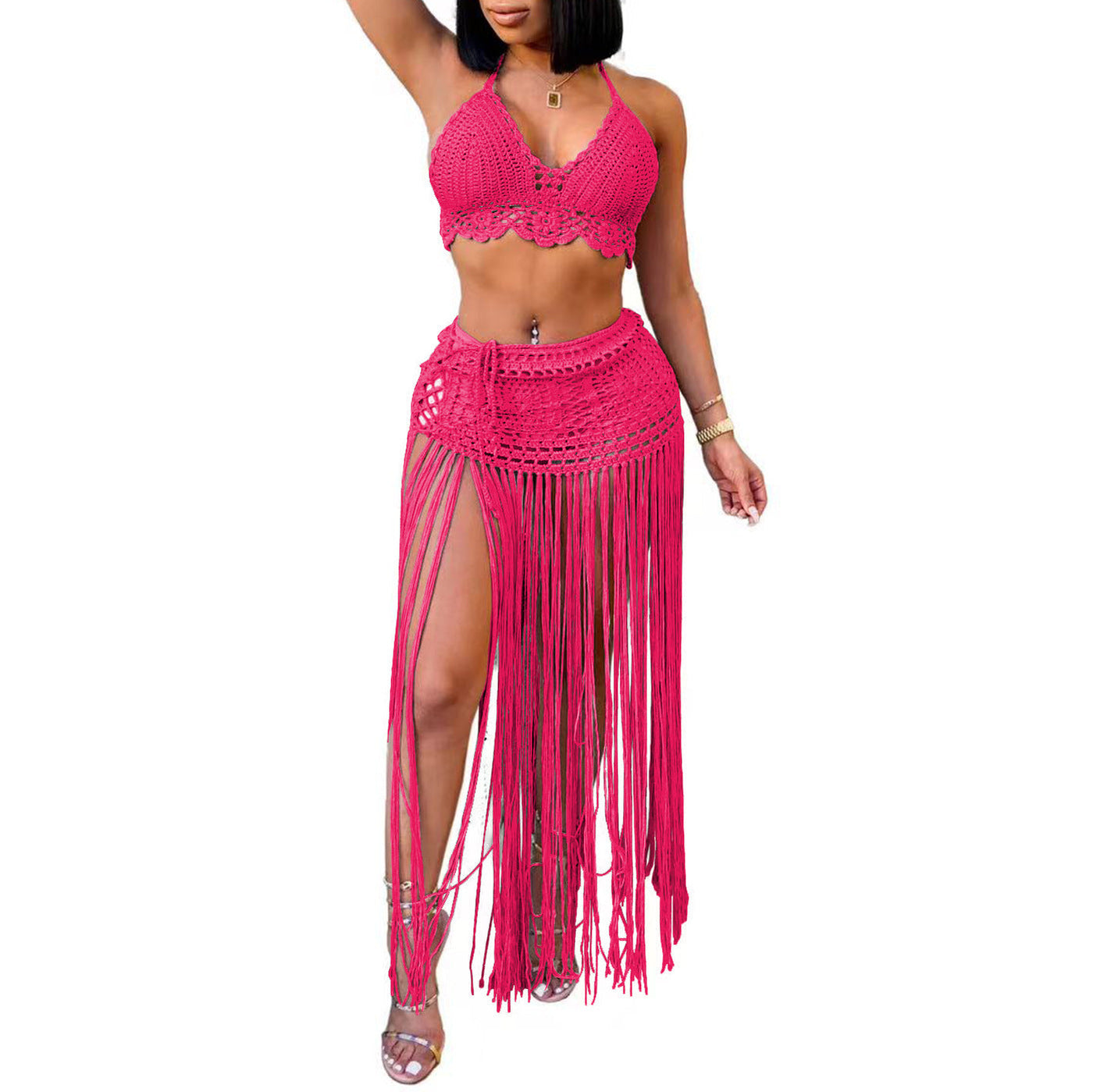 Women Suit Women Clothing Pure Hand Crocheting Beach Bikini Top Lengthened Tassel Skirt Two Piece Set