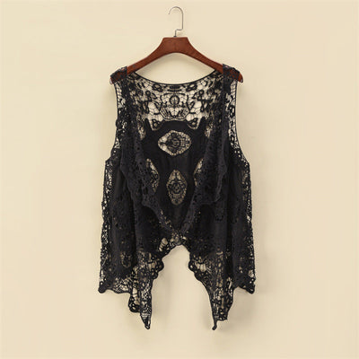Women Summer Coat Thin Coat Sleeveless Lace Cardigan All Match Shawl Beachwear Sun Protection Clothing Women Hollow Out Cutout Shirt