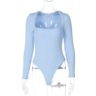 Women Clothing Winter Sexy Square Neck Lace Slim Fit Base Long Sleeve Jumpsuit