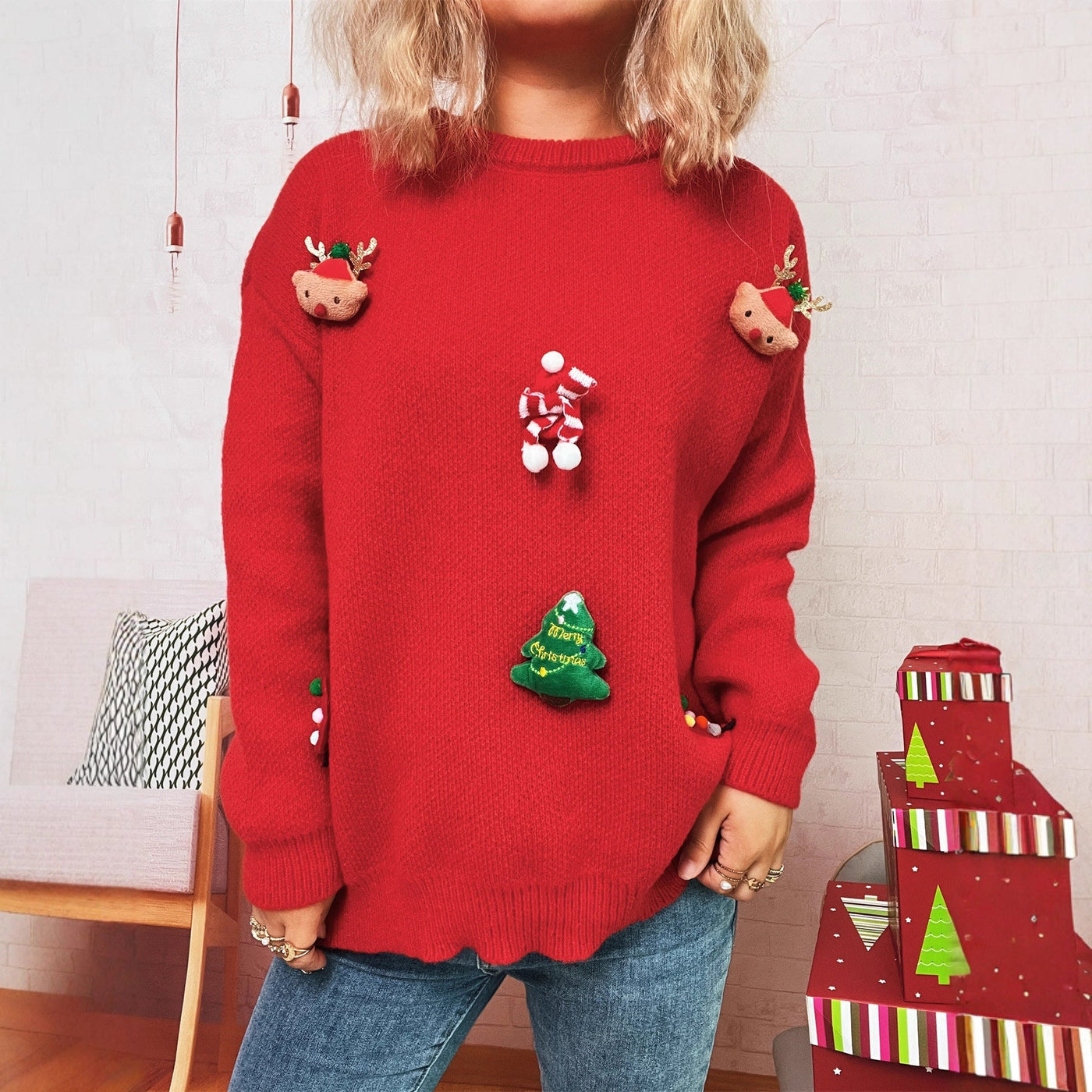 Autumn Winter Christmas Patchwork Three Dimensional Pattern Knitted Top Crew Neck Casual Year Women Sweater