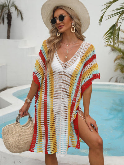 Women Clothing Color Contrast Patchwork Woven Hollow Out Cutout Beach Vacation Beach Cover Up Lace Up Dress