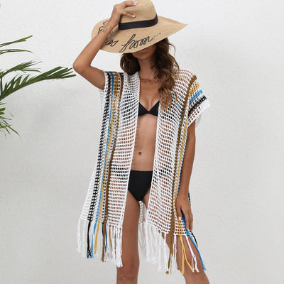Beach Cover up Women Clothing Loose Woven Shirt Color Contrast Patchwork Tassel Beach Cover Up Cardigan