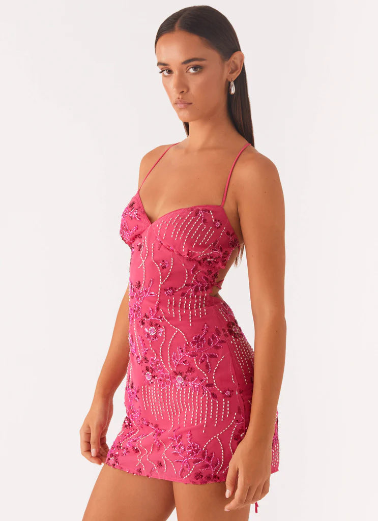 Women Clothing Sequined Embroidered Dress Sexy Backless Spaghetti Straps Dress Wome Summer