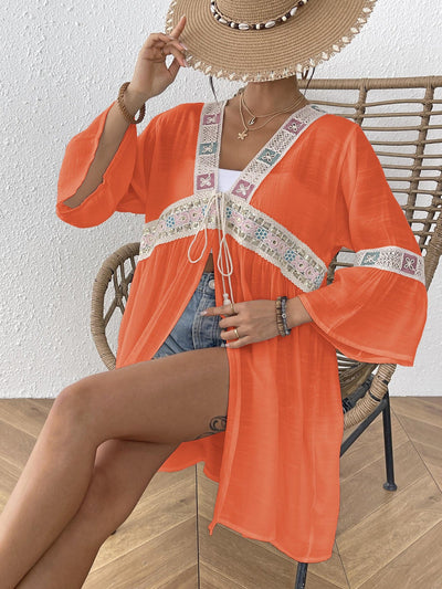 Women Cardigan Bow Women Clothing Sequined Embroidered Lace Stitching Beach Beach Cover Up