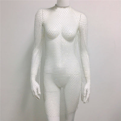Women Grid Rhinestone Fishnet Dress Sexy Bikini Cover Up Fishnet Beach Dress