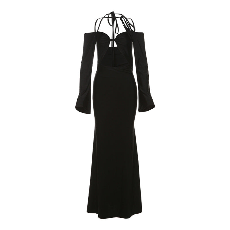 Women Clothing Autumn Winter Sexy Hollow Out Cutout out Backless Lace up Halterneck Solid Color Dress Women