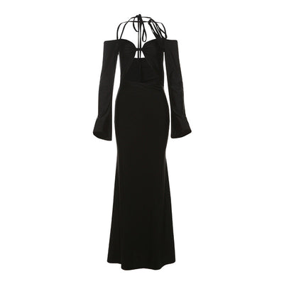 Women Clothing Autumn Winter Sexy Hollow Out Cutout out Backless Lace up Halterneck Solid Color Dress Women