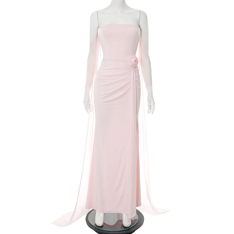 Women Clothing Summer Elegant Solid Color Tube Top Hip Wrapped Trailing Dress Women