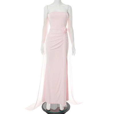 Women Clothing Summer Elegant Solid Color Tube Top Hip Wrapped Trailing Dress Women