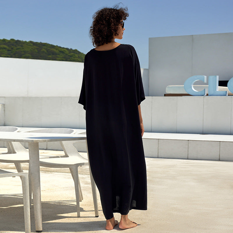 Cotton Printing Vacation Loose Maxi Dress Beach Jacket Maxi Dress Bikini Cover up Blouse