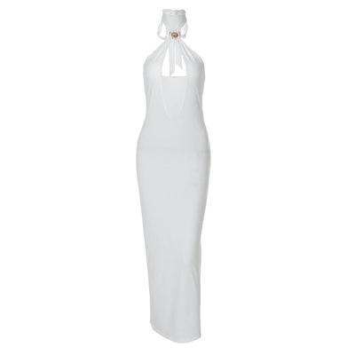 Women Clothing Winter Solid Color Tied Halter Sexy Cutout Slim Fit Dress
