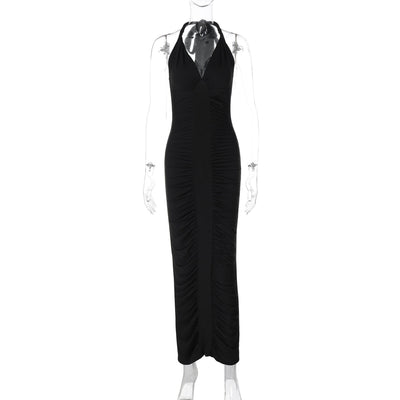 Women Clothing Winter Sexy V neck Backless Lace up Slim Fit Pleated Dress
