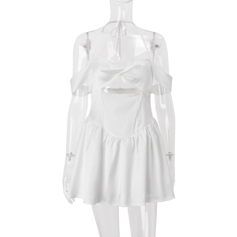 Women Clothing Summer Sexy off Neck Wrapped Chest Nipped Waist Solid Color Dress A line Dress