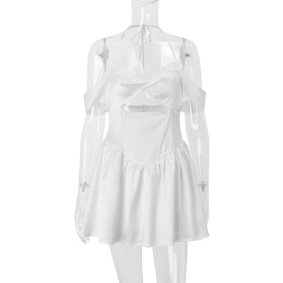 Women Clothing Summer Sexy off Neck Wrapped Chest Nipped Waist Solid Color Dress A line Dress