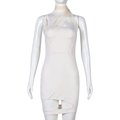 Women Clothing Spring Mesh Stitching Halter Cut out Irregular Asymmetric Dress
