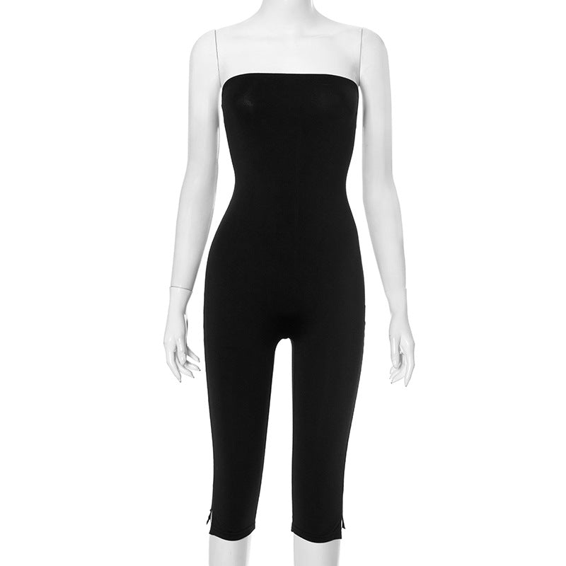 Women Clothing Summer Solid Color Sleeveless off Shoulder Plastic Slim Cropped Romper
