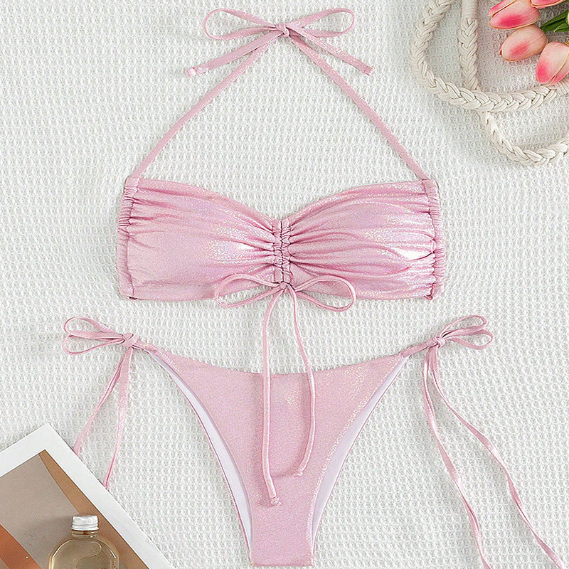 Bikini Drawstring Strap Swimsuit Solid Color Reflective Bikini Split Swimsuit Women
