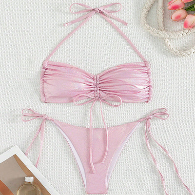 Bikini Drawstring Strap Swimsuit Solid Color Reflective Bikini Split Swimsuit Women