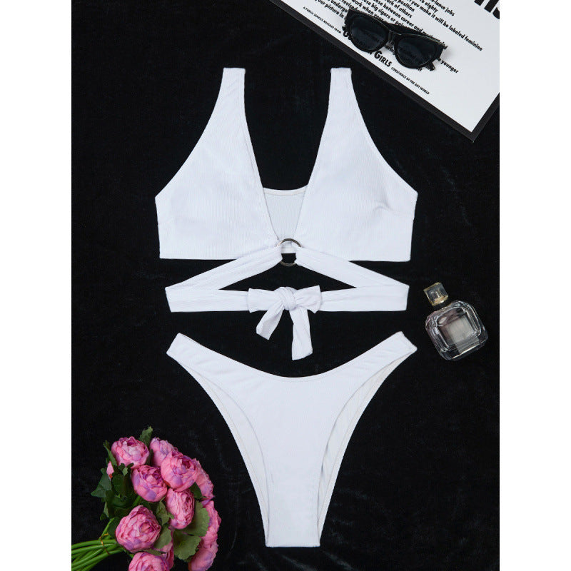 Women Split Three Point Solid Color Ring Small Sunken Stripe Bikini Sexy Swimsuit
