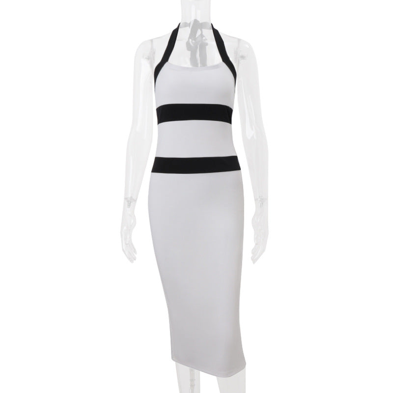 Women Clothing Summer Fashionable Elegant Sexy Slim Fit Halter Color Matching Sheath Dress