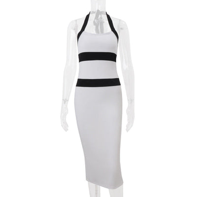 Women Clothing Summer Fashionable Elegant Sexy Slim Fit Halter Color Matching Sheath Dress