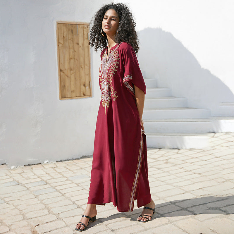 Rayon Embroidered Robe Women Embroidered Vacation Loose Beach Jacket Maxi Dress Beach Cover Up