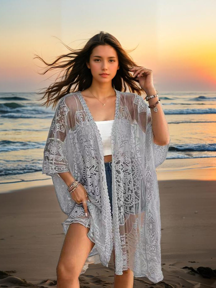 Women's Clothing Sexy See through Water Soluble Lace Embroidered Cardigan Beach Bikini Sun Protective Blouse