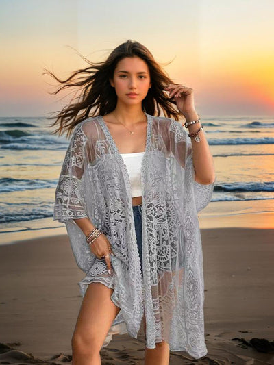 Women's Clothing Sexy See through Water Soluble Lace Embroidered Cardigan Beach Bikini Sun Protective Blouse