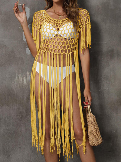Women Beach Cover up Women Clothing Sexy Cutout Tassel Stitching Pure Hand Crocheting Bikini Overclothes
