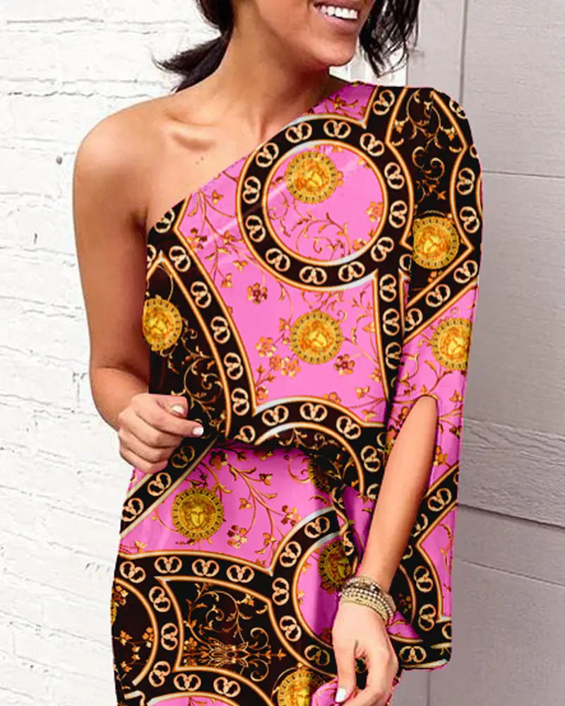 Women Clothing Dress Sexy Oblique Shoulder Elegant Single Side Sleeve Dress for Women