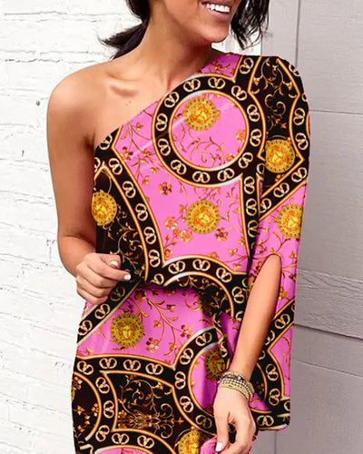 Women Clothing Dress Sexy Oblique Shoulder Elegant Single Side Sleeve Dress for Women