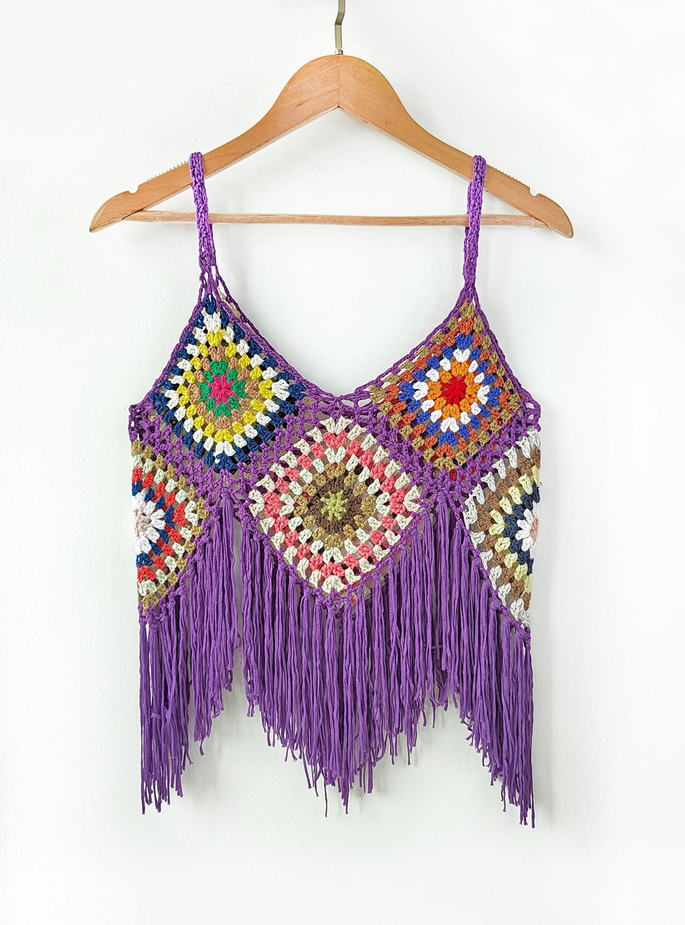Women Clothing Women Top Pure Hand Crocheting Random Mixed Color Stitching Camisole Tassel Shirt Crochet