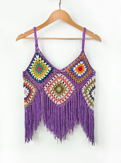 Women Clothing Women Top Pure Hand Crocheting Random Mixed Color Stitching Camisole Tassel Shirt Crochet
