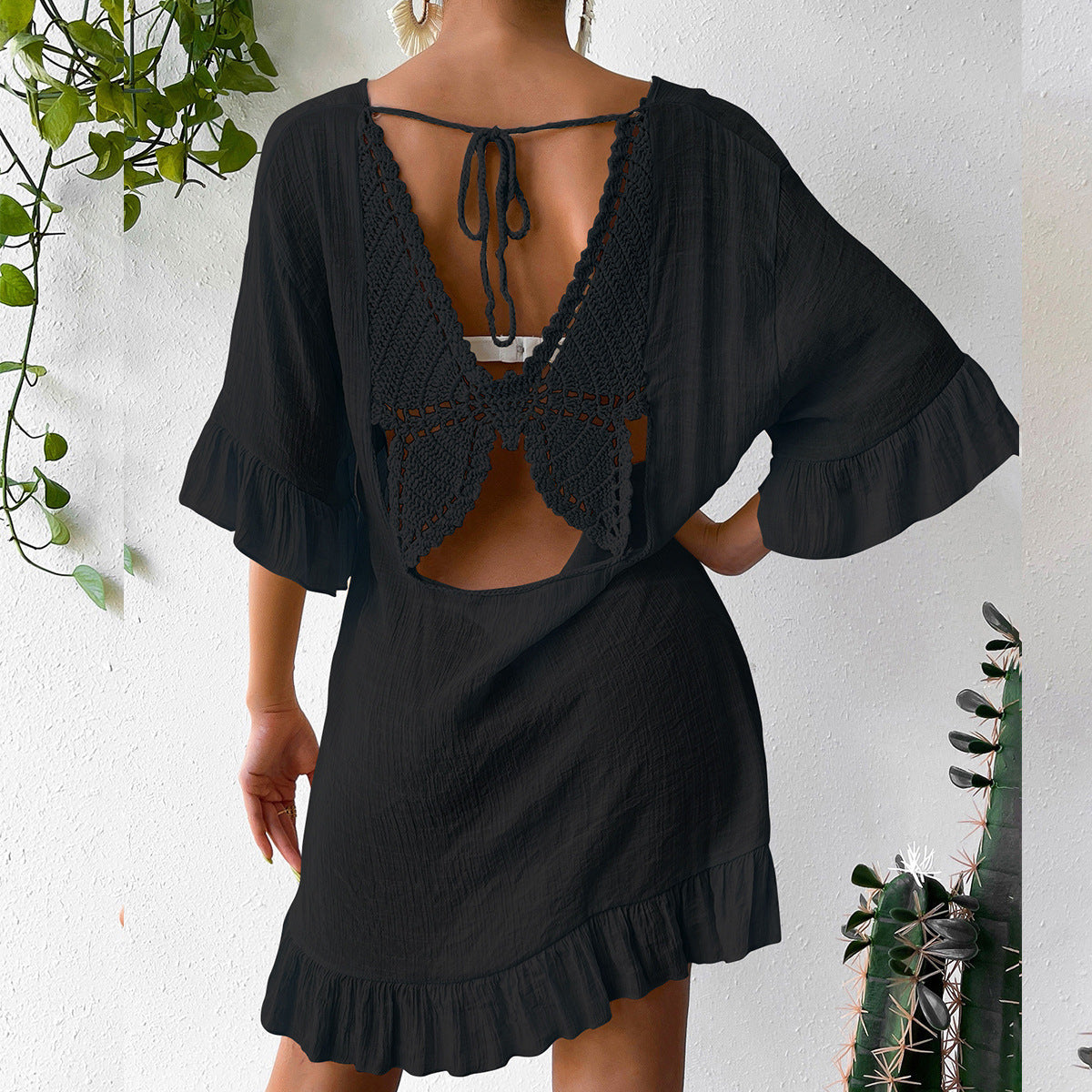 Beach Cover up Skirt Women Clothing Sun Proof Skirt Back Butterfly V neck Flared Sleeves Dress
