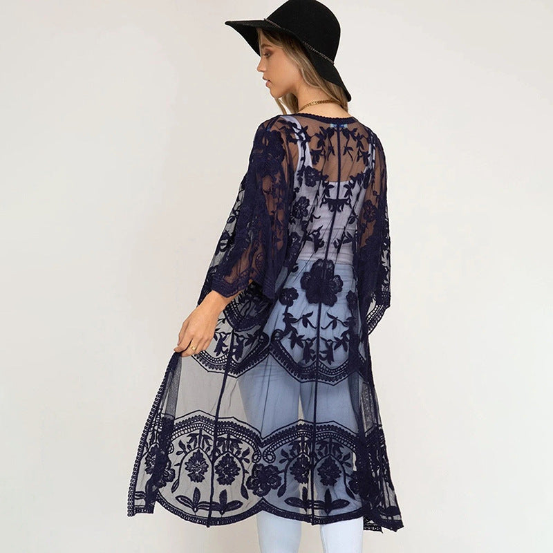 Sexy Grape Silk Embroidered Seaside Vacation Sun Protection Clothing Beach Jacket Bikini Swimsuit Outwear Cardigan for Women