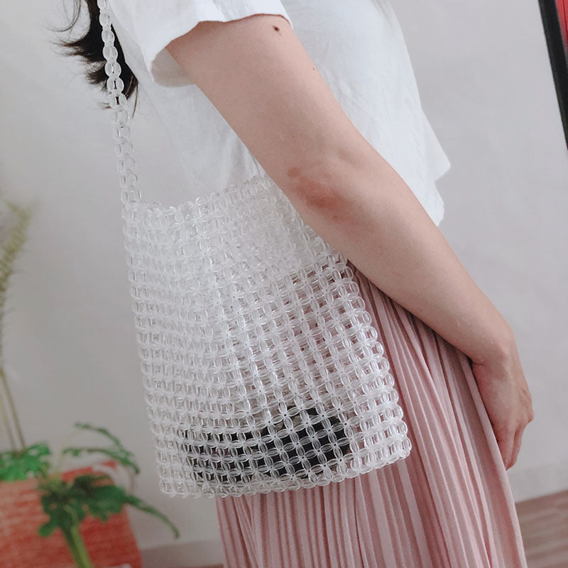 Transparent Square Beaded Bag Acrylic Hand Woven Bag Casual Hand Carrying Shoulder Bag Women