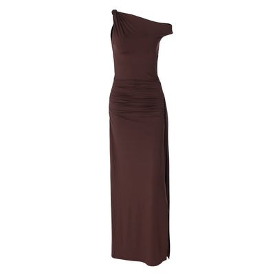 Women Clothing Spring Summer Slim Diagonal Collar Sleeveless Split Solid Color Dress Women
