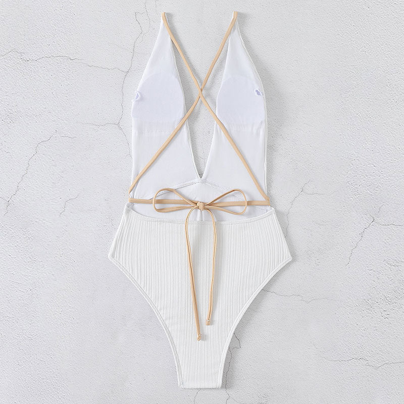 Beach Swimwear Solid Color V neck Backless Quick Drying One Piece Swimsuit Bikini Swimwear Women