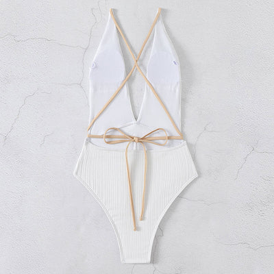 Beach Swimwear Solid Color V neck Backless Quick Drying One Piece Swimsuit Bikini Swimwear Women