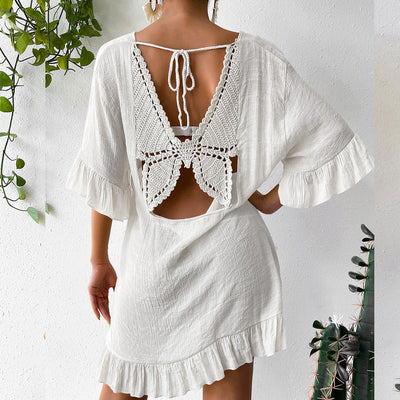 Beach Cover up Skirt Women Clothing Sun Proof Skirt Back Butterfly V neck Flared Sleeves Dress