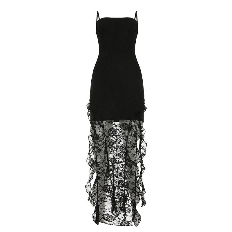 Women Clothing Summer Sexy Lace See through Tube Top off Neck Ribbon Irregular Asymmetric Dress