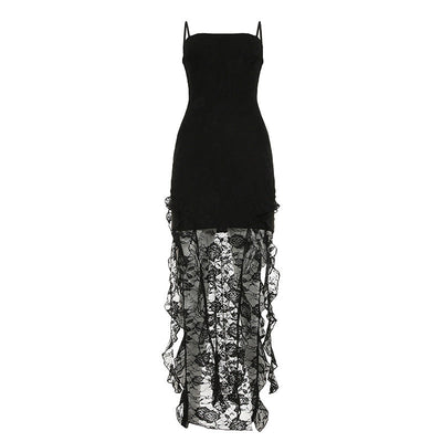Women Clothing Summer Sexy Lace See through Tube Top off Neck Ribbon Irregular Asymmetric Dress
