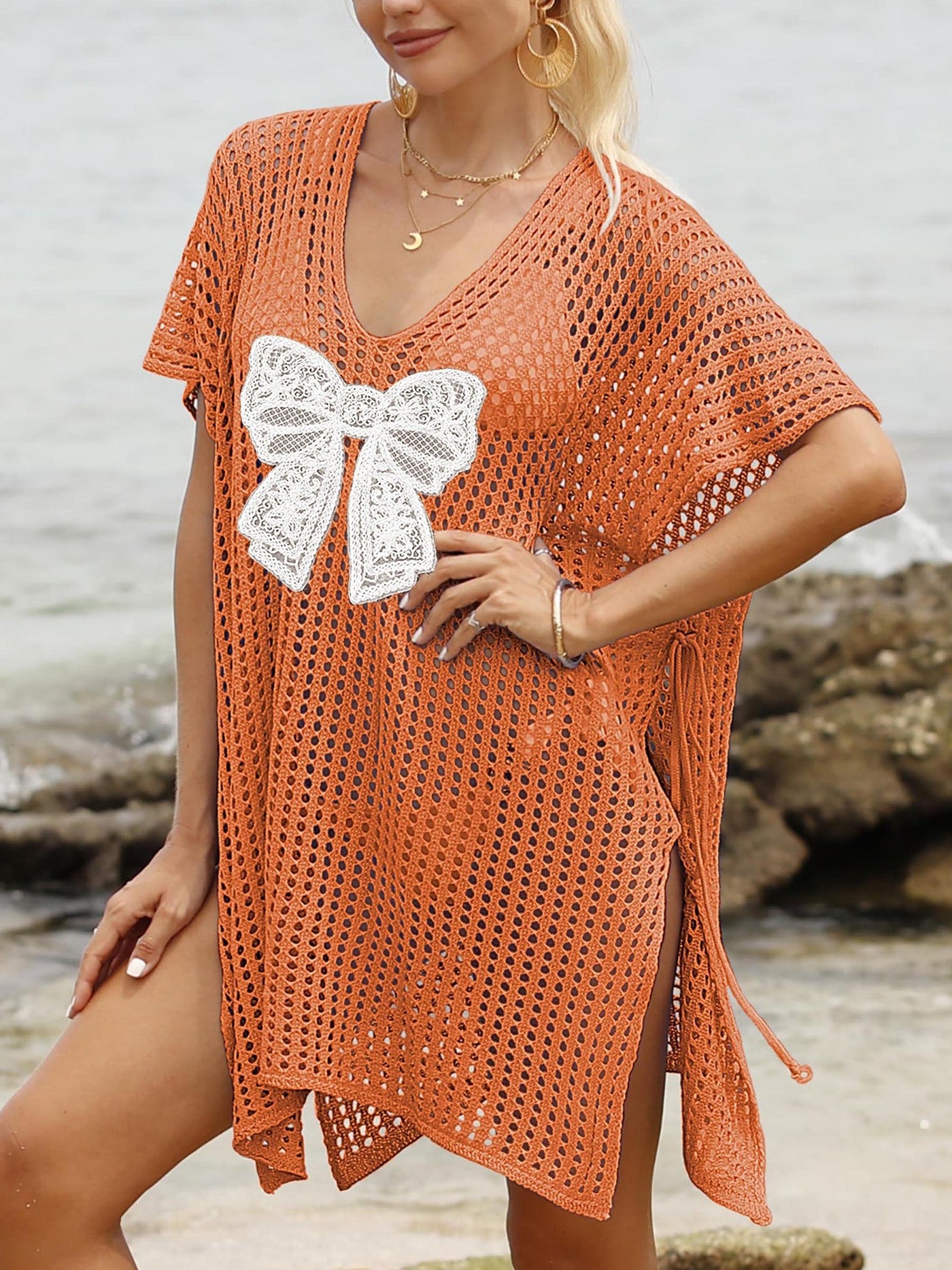 Women Beach Cover Up Lace Butterfly Stitching Woven Shirt Hollow Out Cutout out Strap Beach Dress